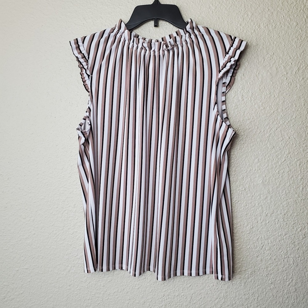 Adrianna Papell Women's Ruffled Faux Turtleneck Sleeveless‎ Striped T-Shirt Sz L